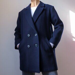 ❄️ 90s Vintage Chic Navy Blue Minimalist Boxy Double-Breasted Pea Coat